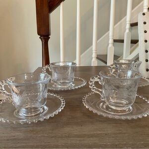 Rare Imperial Glass Etched Cups and Saucers Clear Beaded Candlewick Set of 4